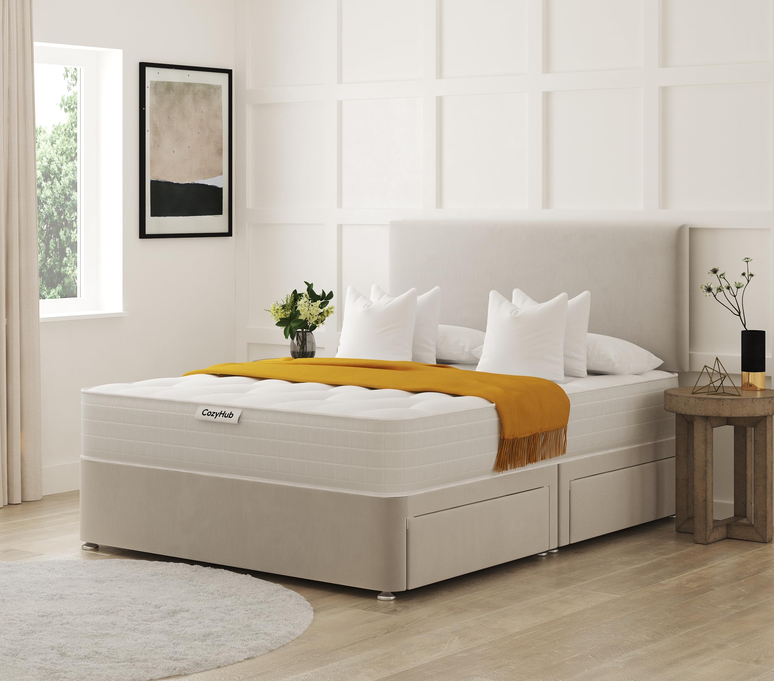 COZY HUB LTD Plain Plush Velvet Divan Bed with 10 Inch Ortho Tufted Mattress & Headboard – Luxury Divan Set with Drawer Storage Options. (Silver, 4Ft- No Drawers)