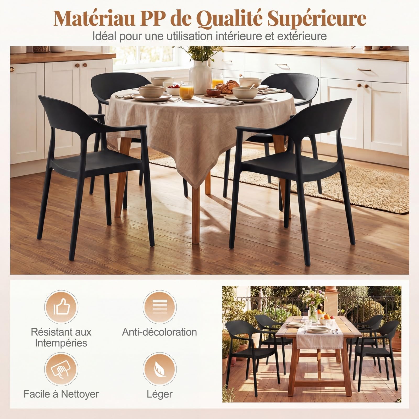 COSTWAY Chaises Empilable Plastique Lot de 4, Chaise de Jardin en PP avec Dossier Incurvé, Accoudoirs Confortables, Siège Large, Montage Facile, Charge 150 kg, pour Cour, Extérieur, Cuisine(Noir,4)
