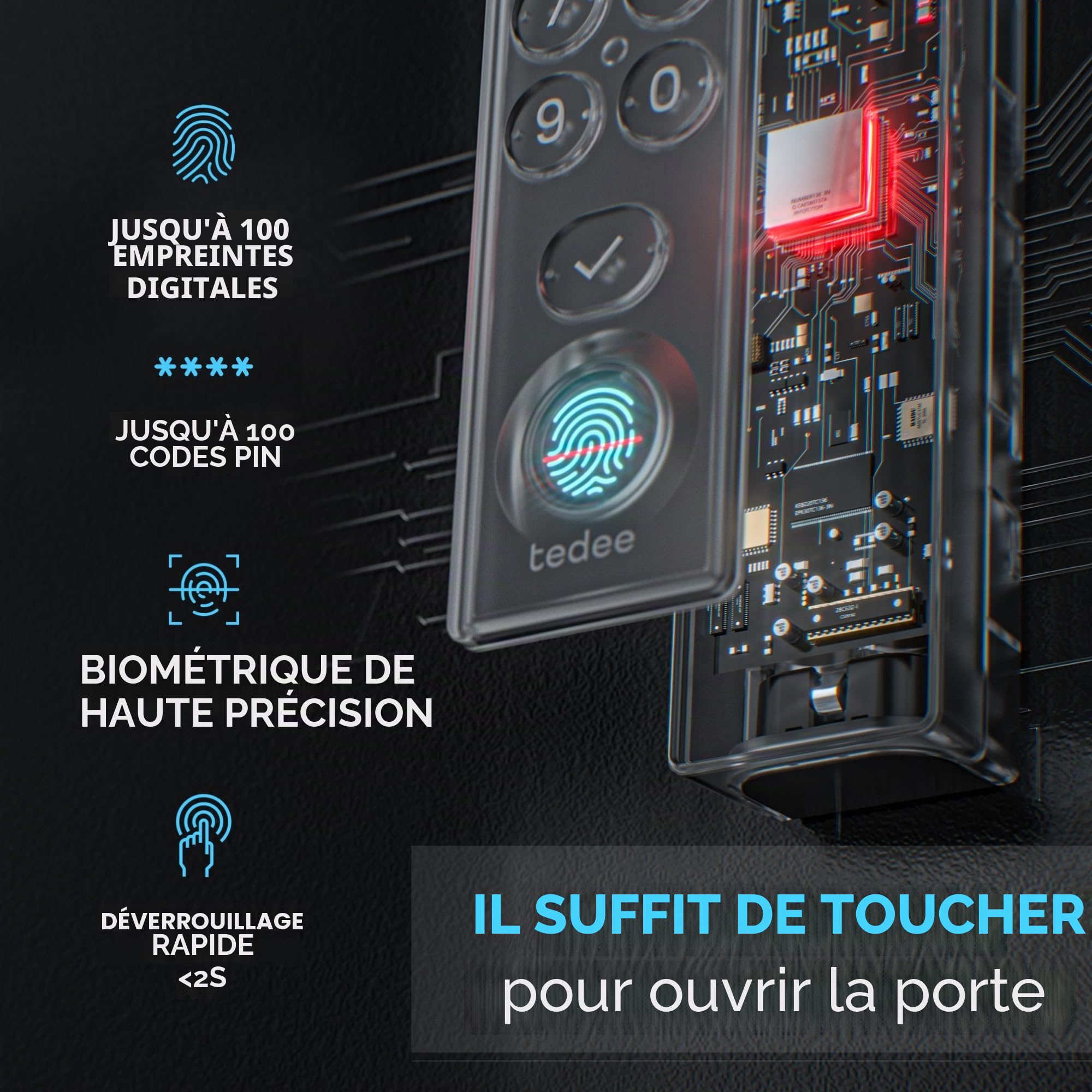 tedee GO2 Alu Serrure connectée avec WiFi et clavier biométrique à empreintes digitales pour un accès à distance, Alexa Google Smart Home Smart Lock avec App et Bluetooth