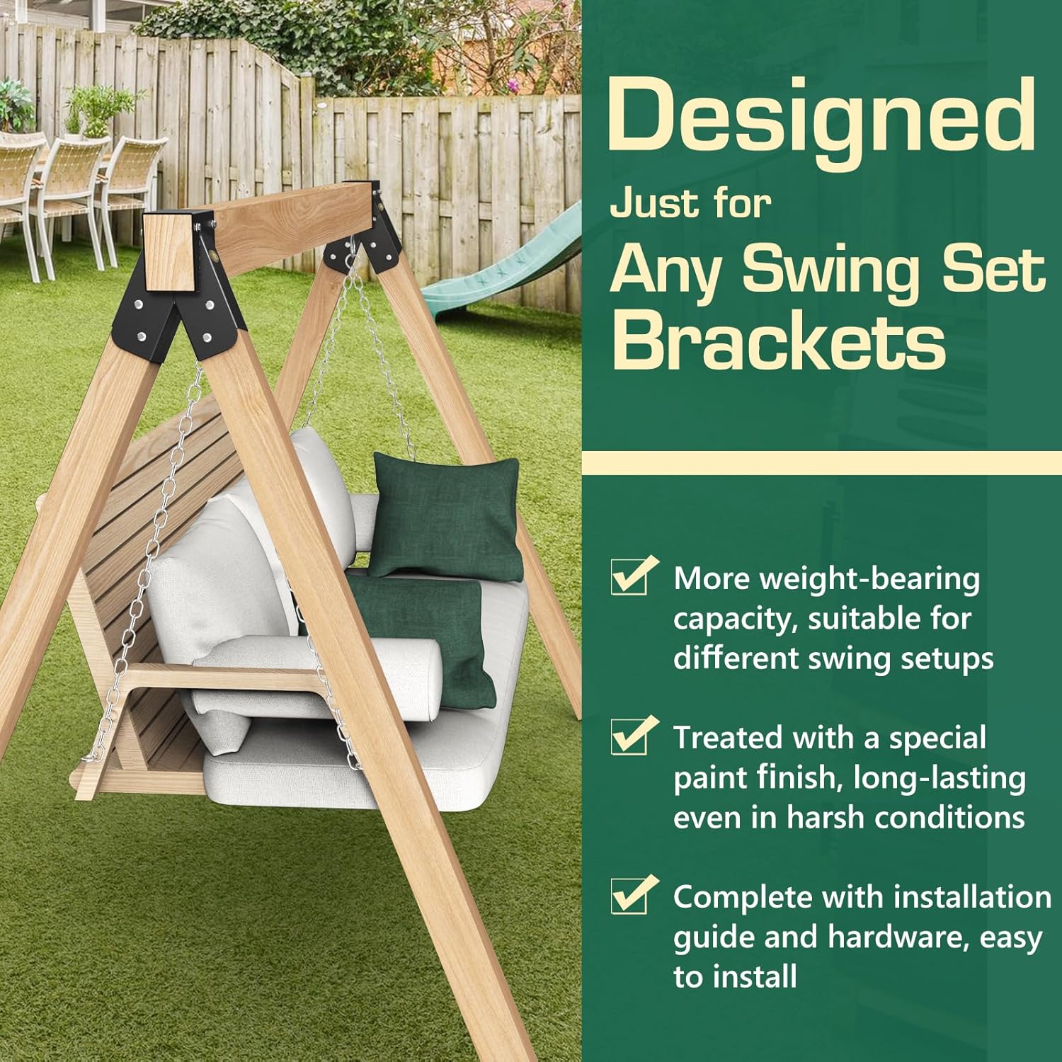 2 Pack A-Frame Swing Set Brackets - Heavy Duty Swingset Hardware 4x4 DIY Kit with Full Hardware for Backyard Playground-Black