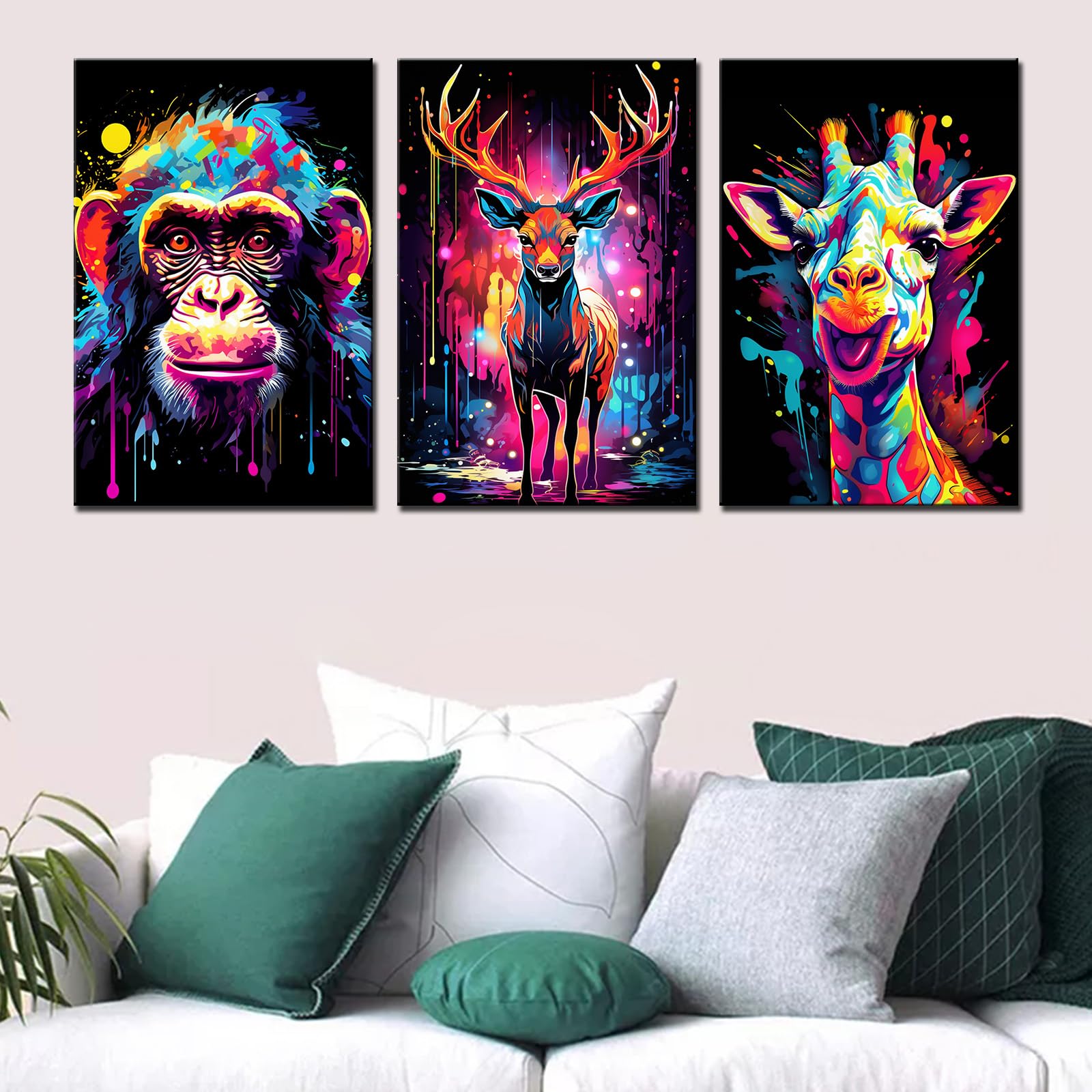Tucocoo Living Room Wall Art Decor Monkey Deer Giraffe Pictures Animals Portrait Paintings 3 Panel Canvas Graffiti Colourful Modern Artwork Home Decorations Wooden Framed Ready to Hang 48''Wx24''H - Image 3