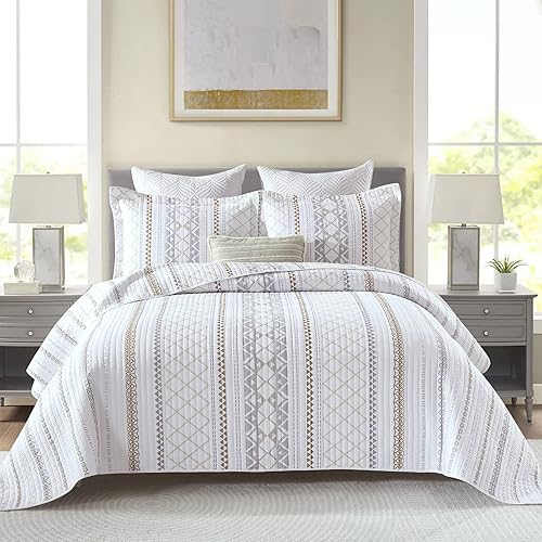 Vista 10 de Y-PLWOMEN Colcha tamaño Queen – Colcha reversible 100% algodón suave y ligera para todas las estaciones, diseño geométrico a rayas bohemias, 3 Blanco