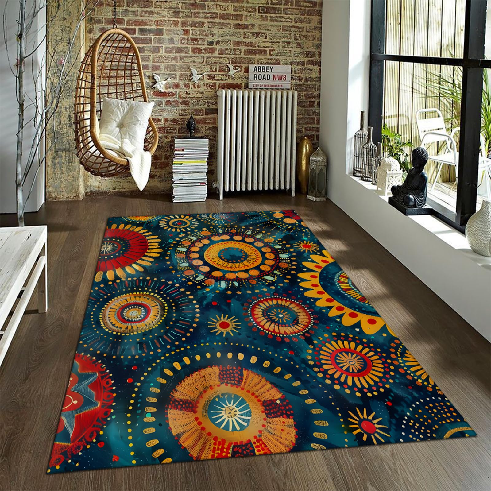 Tapis de style bohème 160x200cm mince à poils ras lavable antidérapant
