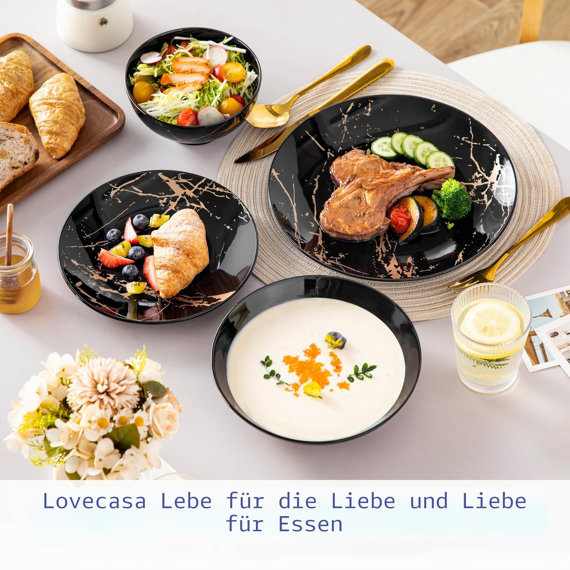LOVECASA Tafelservice porzellan, Serie Daphne, SWEET 24-teiliges Kombiservice Set, Ess Geschirrset mit Goldspritzer Design, Speiseteller, Dessertteller, Müslischalen und Suppenteller für 6 Personen