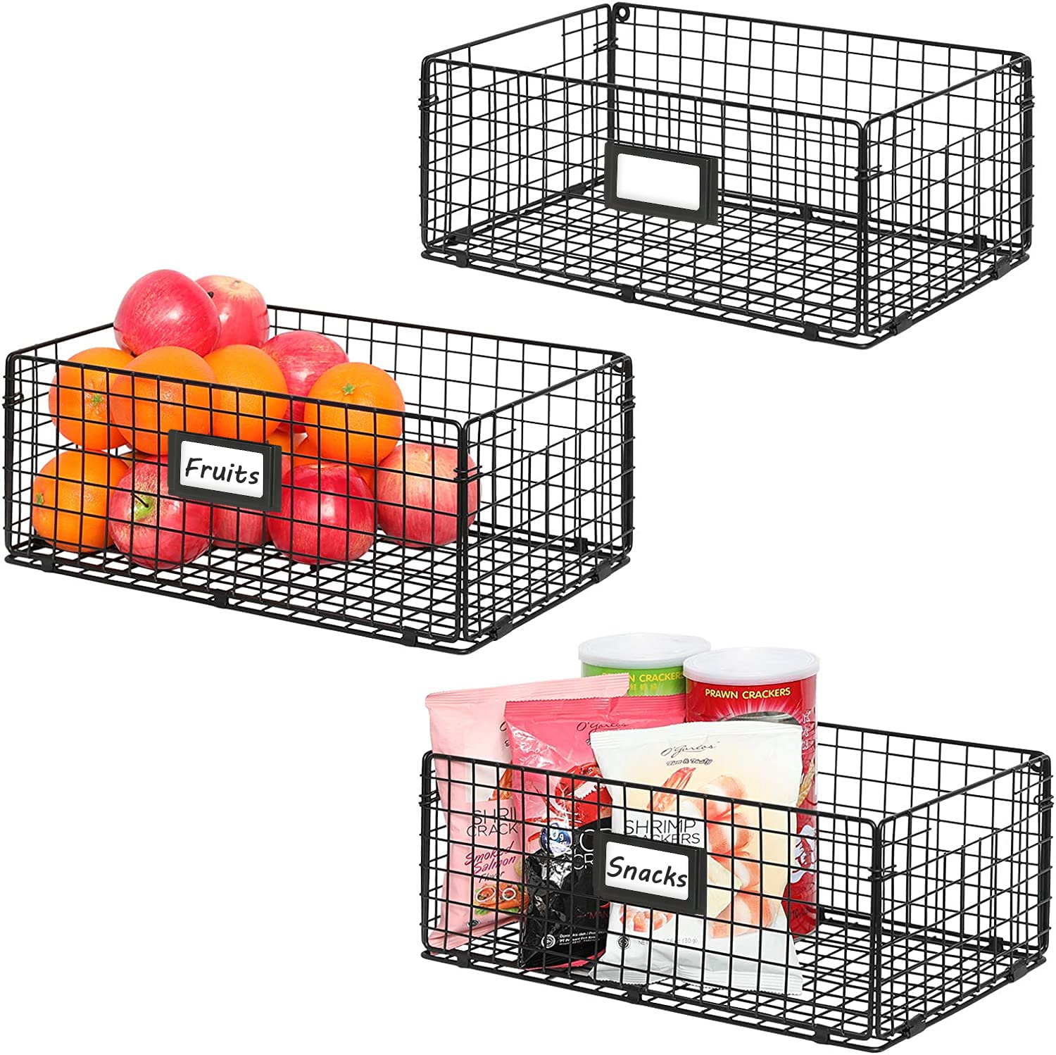 X-cosrack Foldable Cabinet Wall Mount Metal Wire Basket Organizer Pantry Basket with Handles - 3 Pack -16" x 9" X 6", Food Storage Mesh Bin for Kitchen Bathroom Laundry Closet Garage Patent Design