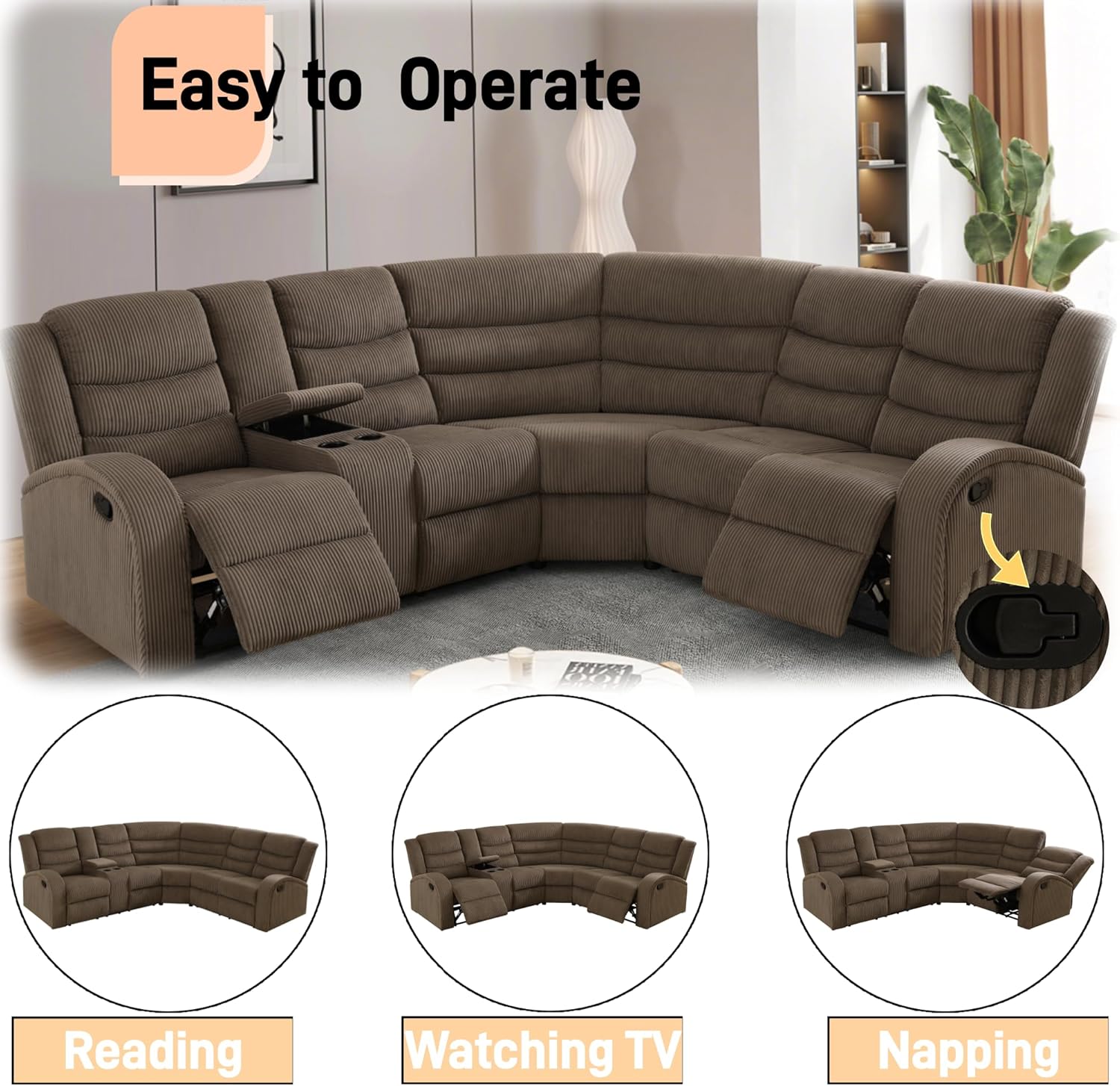 Manual Recliner Sofa Set with Storage, Corduroy Living Room Furniture Sets,L-Shaped Sectional Couch for Home with 2 Recliner Seats,Cup Holder (Brown 2, Sectional) | Storage, Corduroy, L-Shaped, 2 Recliner Seats, Cup Holder