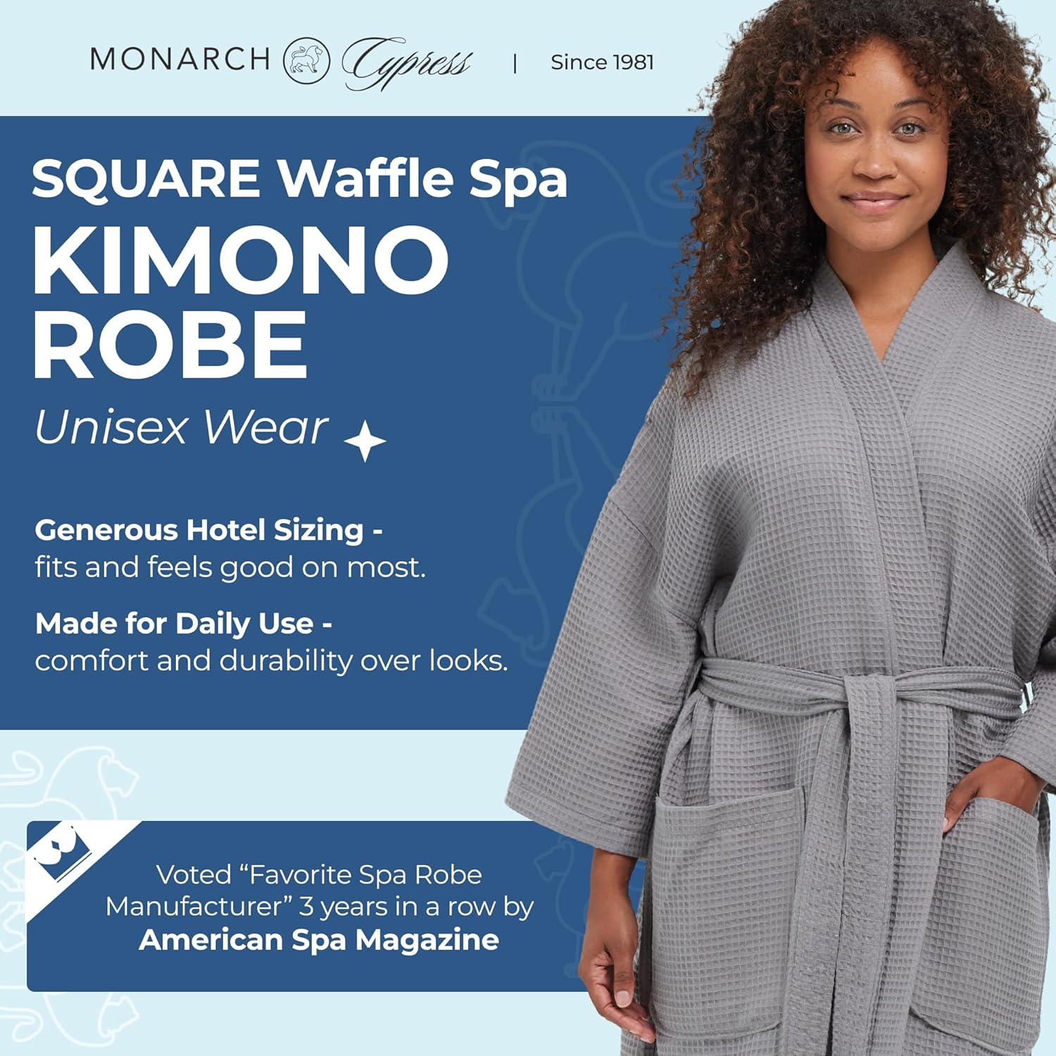 MONARCH Unisex Square Waffle Spa Kimono Robe – Soft Lightweight Fabric & Generously Sized Hotel & Spa Robe with Pockets