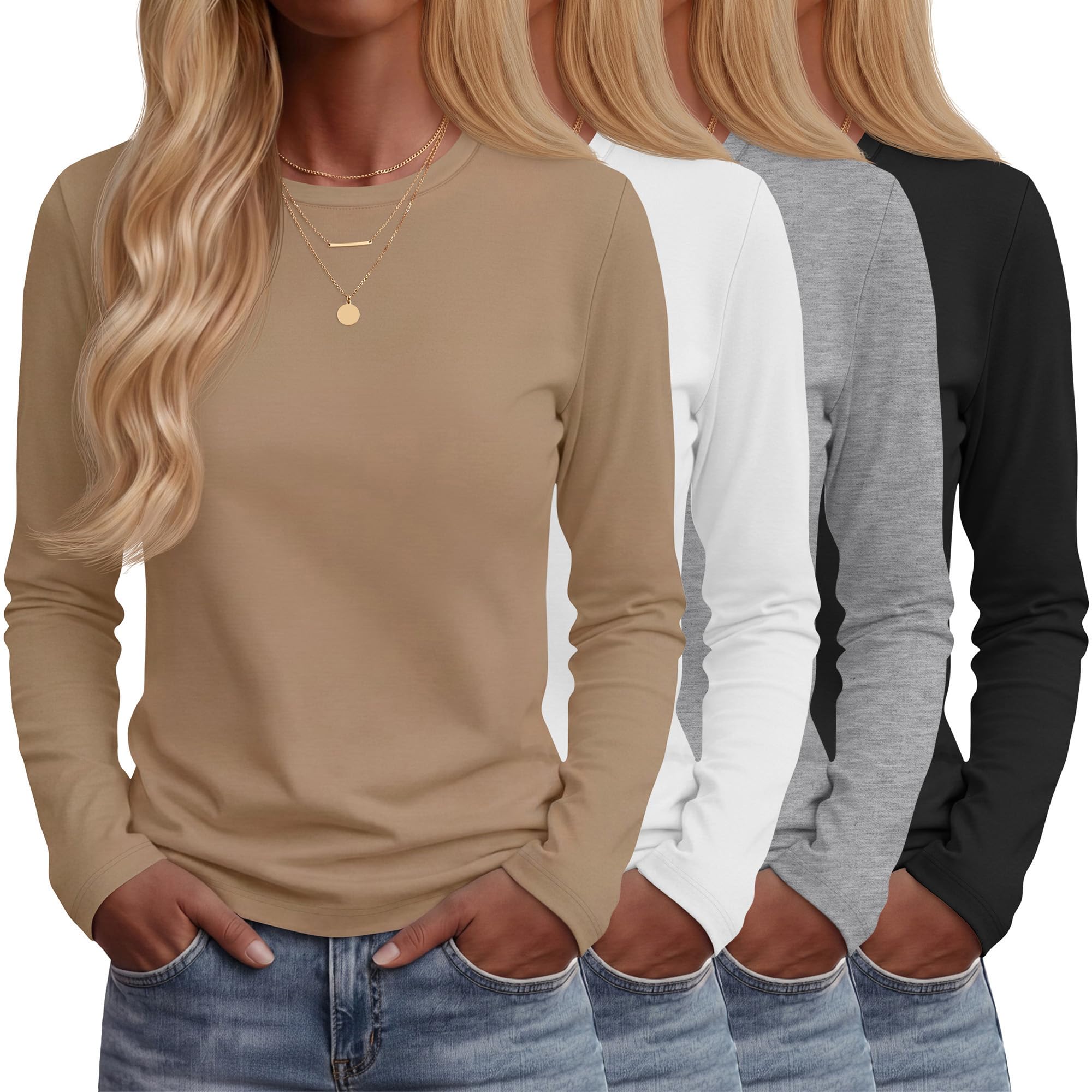Neer 4 Pack Women's Long Sleeve Shirts | Crew Neck T-Shirts, Soft Layering Tops, Fall Fashion Clothes, Lightweight Basic Tees, Casual Winter Outfits, Plain, Workout