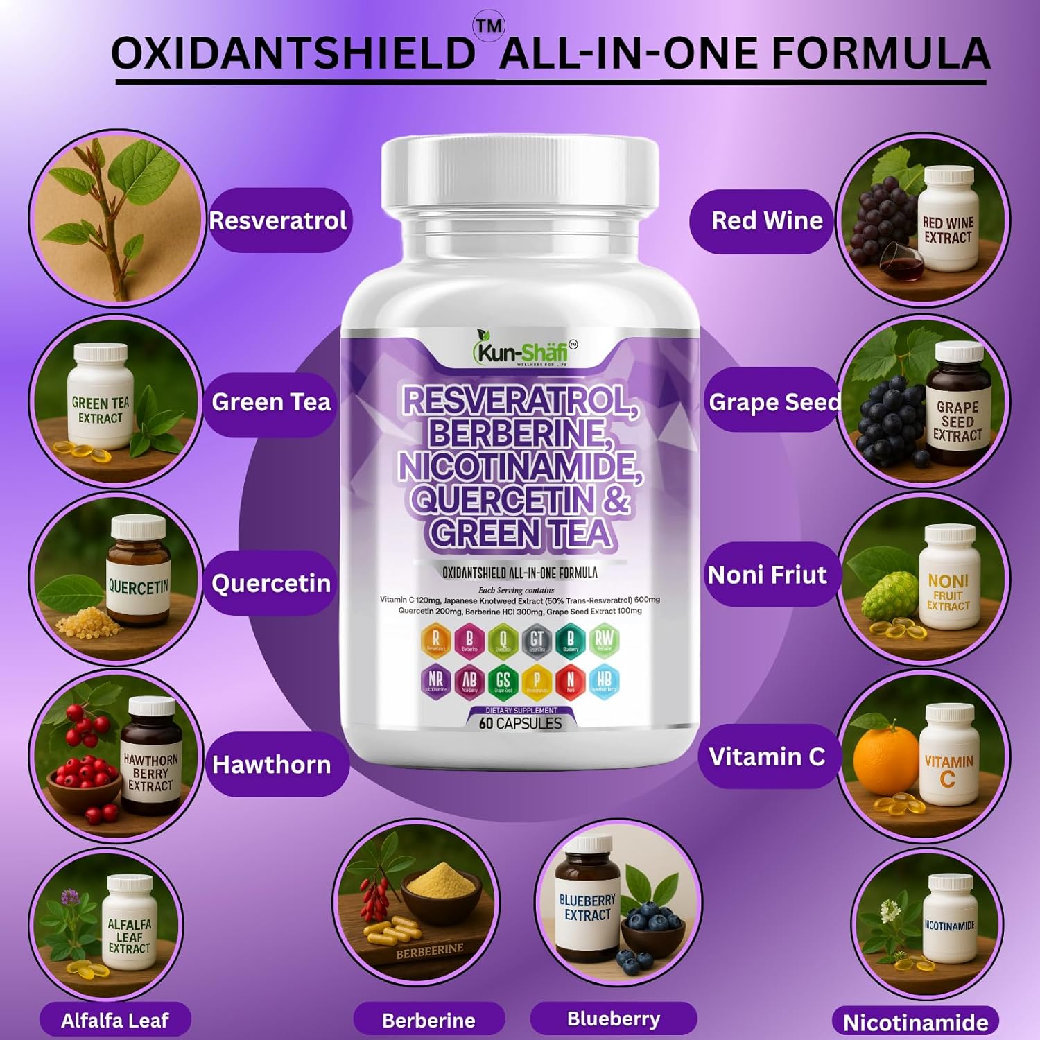 Kun Shafi Berberine & Resveratrol Complex with Quercetin, Grape Seed, Green Tea, Vitamin C, and Nicotinamide Riboside – NAD+ & Antioxidant Polyphenol, Supplement for Men & Women – 60 Capsules - Image 2