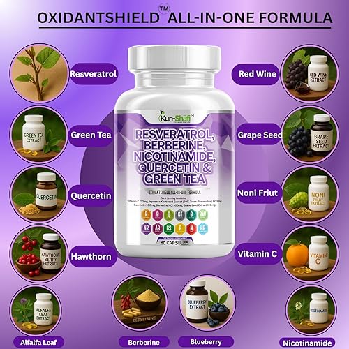 Miniatura 2 de Complejo de resveratrol y berberina con quercetina, semilla de uva, té verde, vitamina C y ribósido de nicotinamida - NAD+ y polifenol antioxidante,