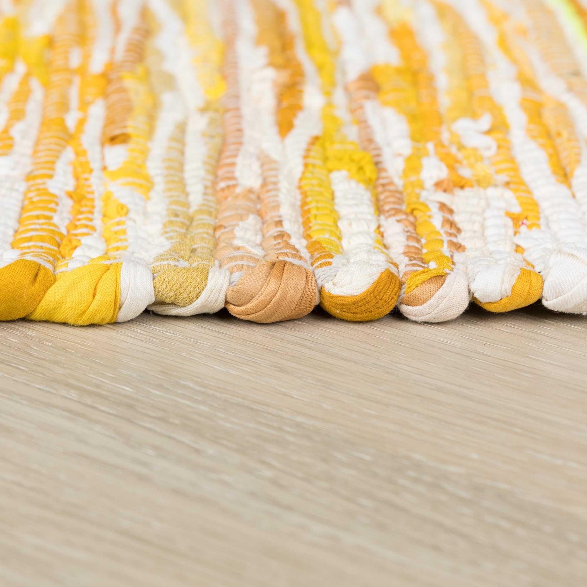 MY-RUG Handgewebter Baumwollteppich - Flickenteppich 140 x 200 cm - Gelb | Handgefertigter Fleckerlteppich aus recycelter Baumwolle, bunter Boho Teppich im Chindi-Stil, robust & wendbar