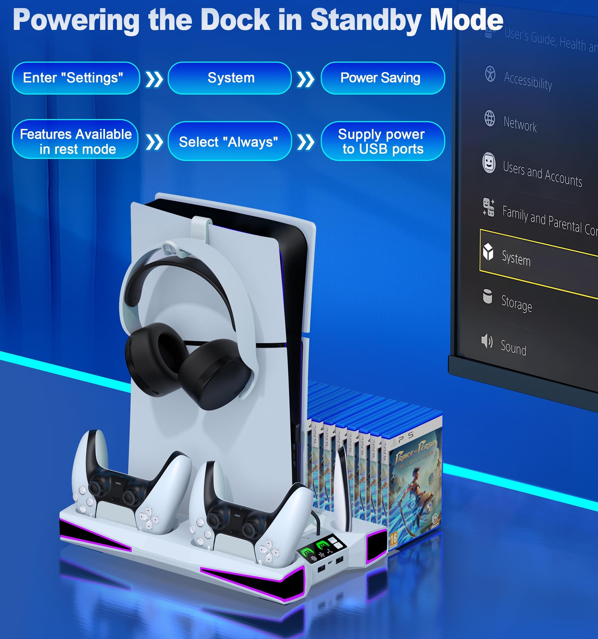 Kawaye Stacja chłodząca PS5 Stand PS5 do konsoli PlayStation 5/Pro/Slim, akcesoria PS5, pionowy stojak z wentylatorem chłodzącym 6.0 cm, światło RGB, podwójna ładowarka kontrolera, uchwyt zestawu