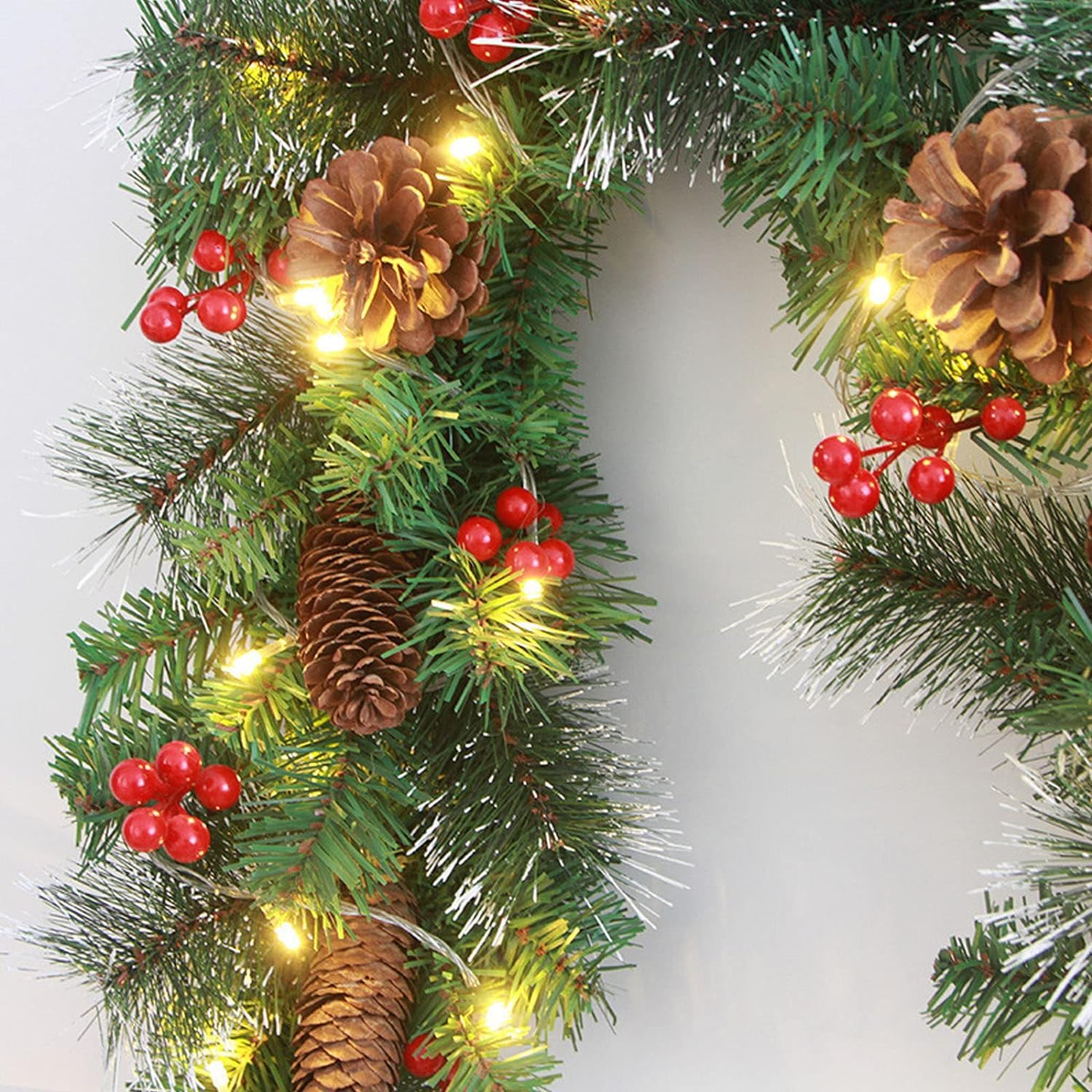 Meiruier 180 cm kerstslinger, kerstslinger, led-verlichting, herbruikbare kerstkrans met dennenappel en lichte kerstslingers, decoraties voor trappen, open haarden, deur (wit