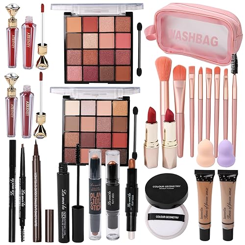 Kit de maquillaje todo en uno para mujeres, niñas, adolescentes, paleta de sombra de ojos de 16 colores, base líquida, lápices delineadores de ojos,