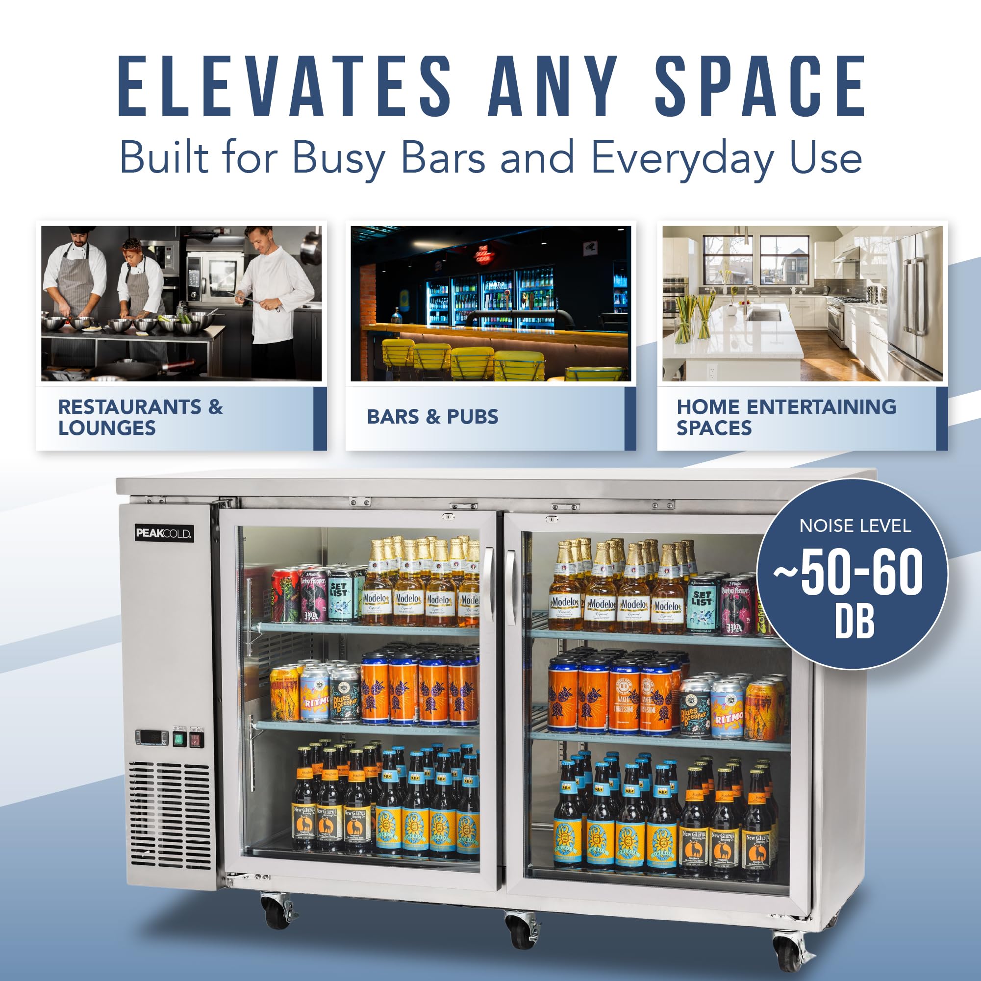 Peakcold 2-Door Counter Height Beverage Refrigerator - 61" Wide Energy Efficient Stainless Steel Beer Fridge With Glass Doors & White LED Lighting - Commercial Back Bar Cooler on Fridge.com - View 5
