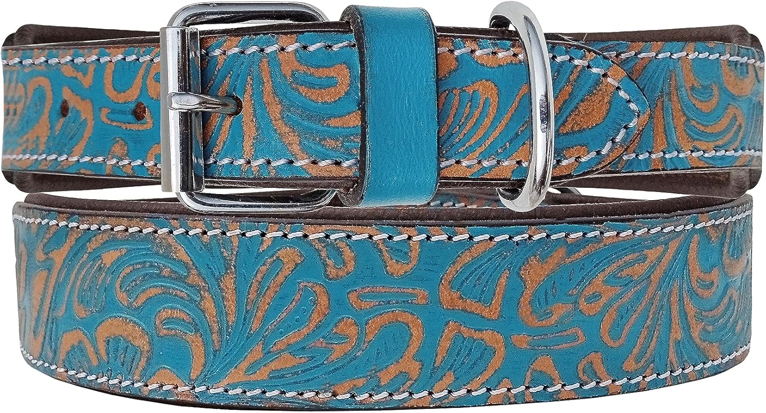 Affilare Leather Dog Collar Western Style Heavy Duty Tooled Padded for Puppies and Big Dogs 10AB136-S