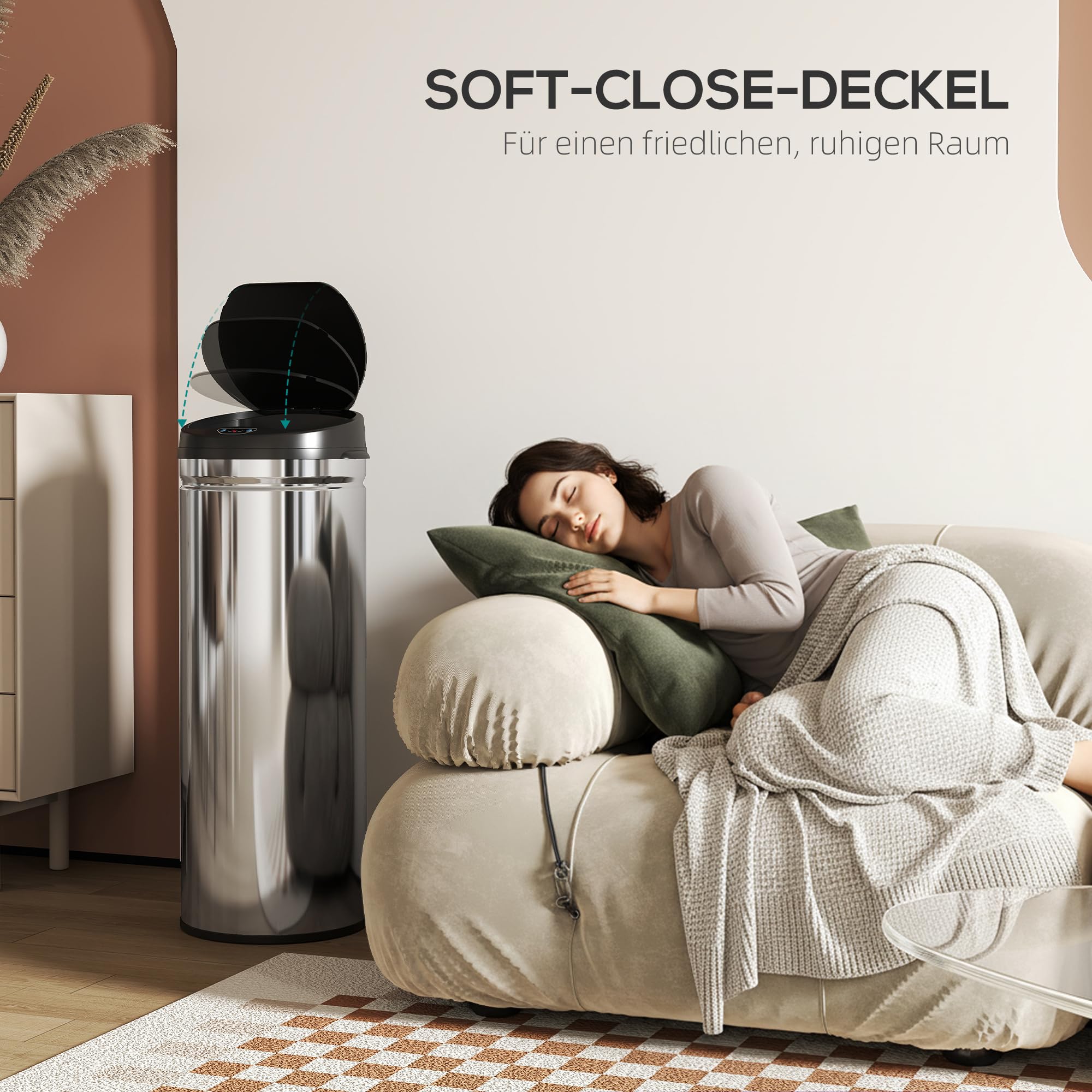 HOMCOM Mülleimer mit Sensor 50L Edelstahl Automatischer Leiser Mülleimer mit Soft-Close-Deckel, Bewegungssensor, Fingerabdruckresistente Abfalleimer für Büro, Schlafzimmer, Küchen Silber