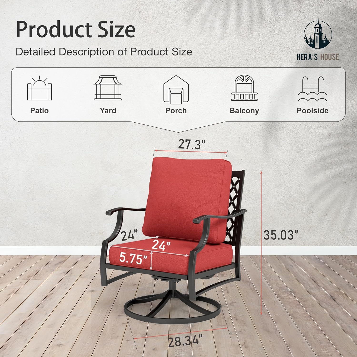 HERA'S HOUSE Outdoor Chairs Set of 2, 2 x Patio Chair with Red Cushions, All Weather Outdoor Furniture for Lawn Garden Backyard Deck(Swivel Chairs)