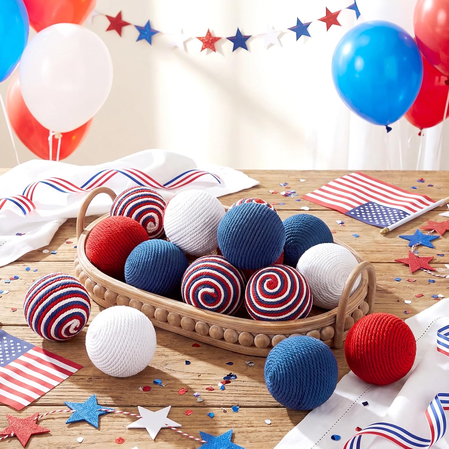 12 Pcs 4th of July Patriotic Decorative Balls, 3.15" Red White Blue Jute Rope Balls for Bowls Vases Orbs Tray Filler Table Centerpieces, Memorial Day 250th Anniversary Independence Day Home Decor