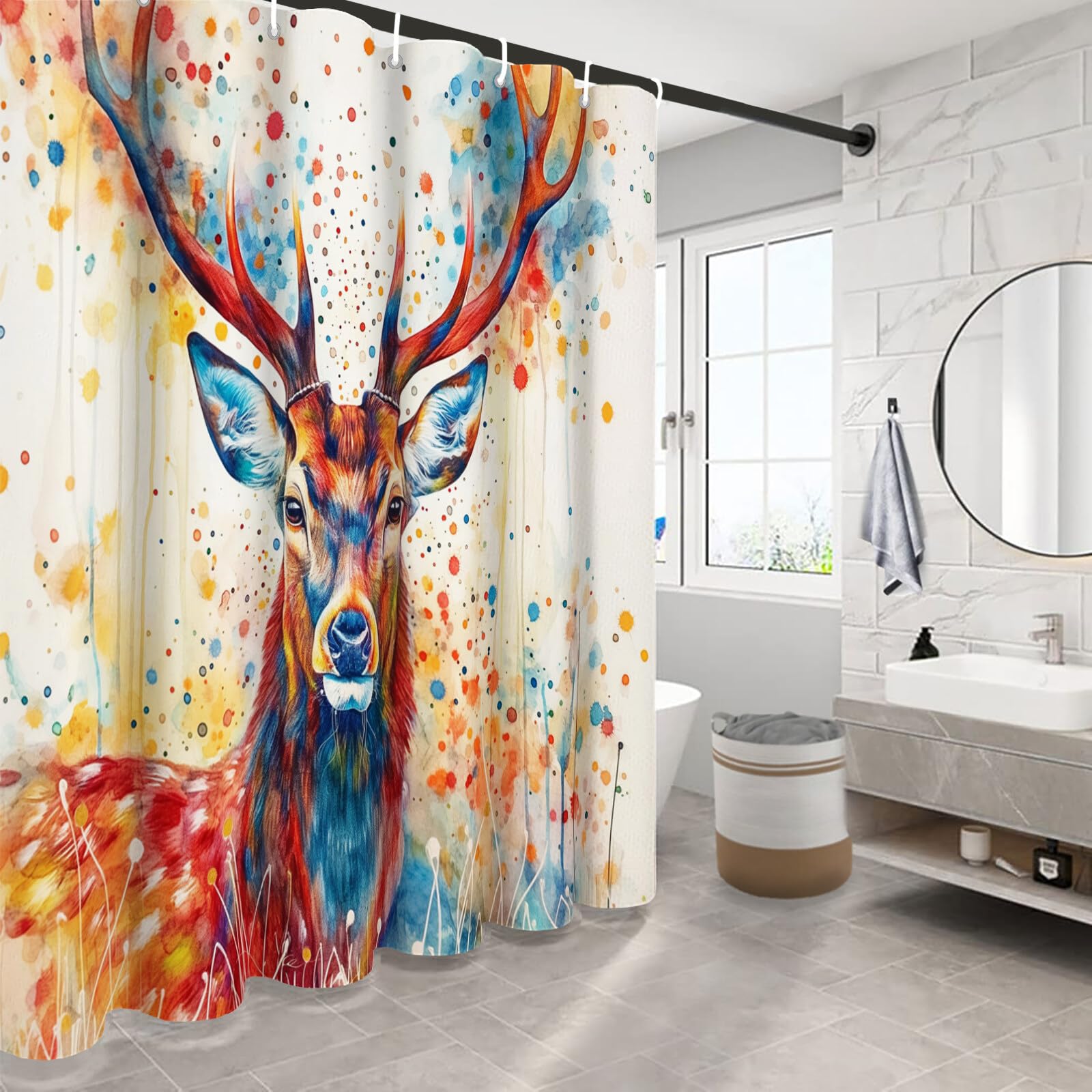 Rideau De Douche Magnifique Cerf Peint Animaux De Portrait Rouge Rideau De Bain Tissu Polyester Anti Moisissure Imperméable Lavable Rideaux Salle De Bain avec Crochets