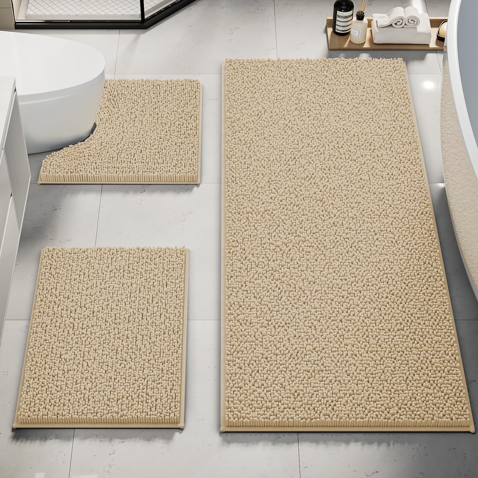 Bathroom Rug Mat Set 3 Piece, Chenille Bath Mat Set, Extra Large Non-Slip Ultra Soft Carpet Mats, Absorbent with U-Shaped Toilet for Bathroom, Tub,