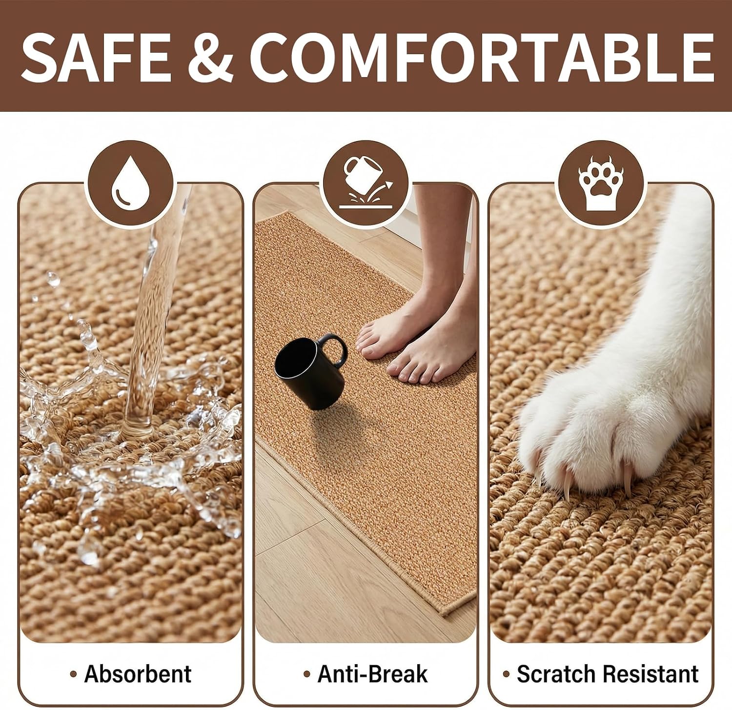 Kitchen Rugs 17"x47", Non-Slip Kitchen Mats for Floor, Machine Washable Absorbent Kitchen Runner, Stain Resistant Rug with Rubber Backing for Kitchen, Hallway, Laundry & Sink, Camel