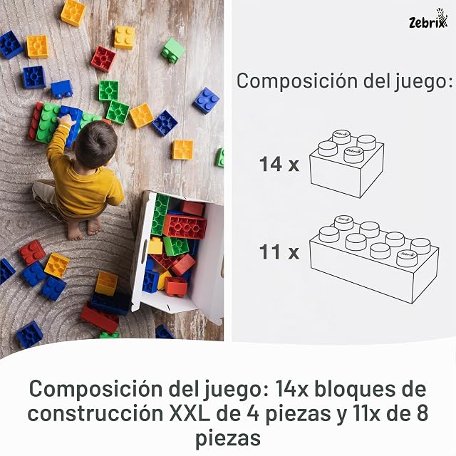 Foto 5 de 6 de Zebrix 25 bloques de sujeción XXL, 4 colores, grandes bloques de construcción en rojo, verde, azul y amarillo
