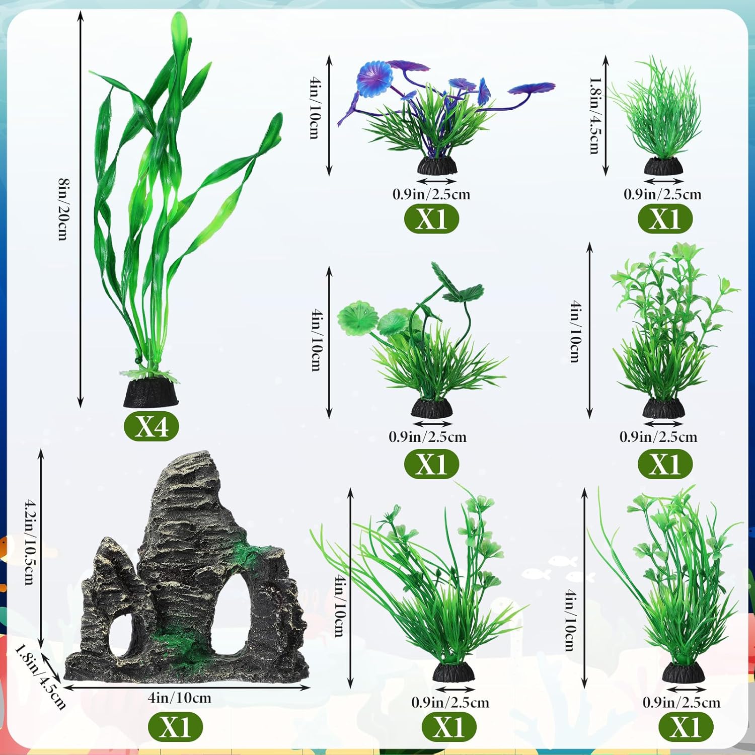 Lounsweer 12 Pcs 5 Gallon Large Fish Tank Plastic Fish Bowl Shatterproof with Aquarium Decor Artificial Plastic Plant and Rock Cave Goldfish Betta Tank Decor for Terrarium Flower Vase Centerpiece Gift