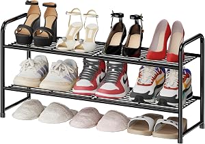 Simple Shoe Rack 2 Tier 27 Inch Wide, Heavy Duty Metal Closet Shoe Organizer Shelf for Entryway, Front Door, Black