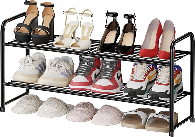 Simple Shoe Rack 2 Tier 27 Inch Wide, Heavy Duty Metal Closet Shoe Organizer Shelf for Entryway, Front Door, Black