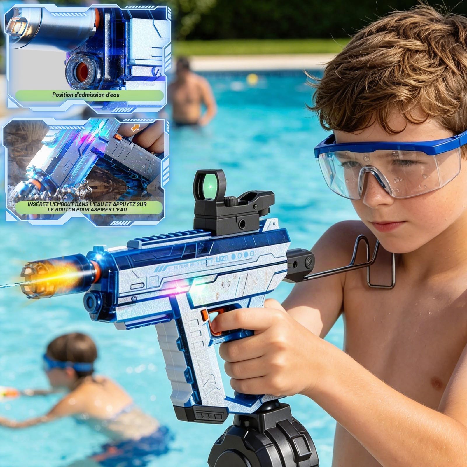 Shinybox Pistolet à Eau Électrique, 800ml PistoletAutomatique avec Lampe LED et Lunettes de Protection, Pistolets à Eau à Rechargeable avec Tir Automatique pour S'amuser à la Plage, Piscine et en Été