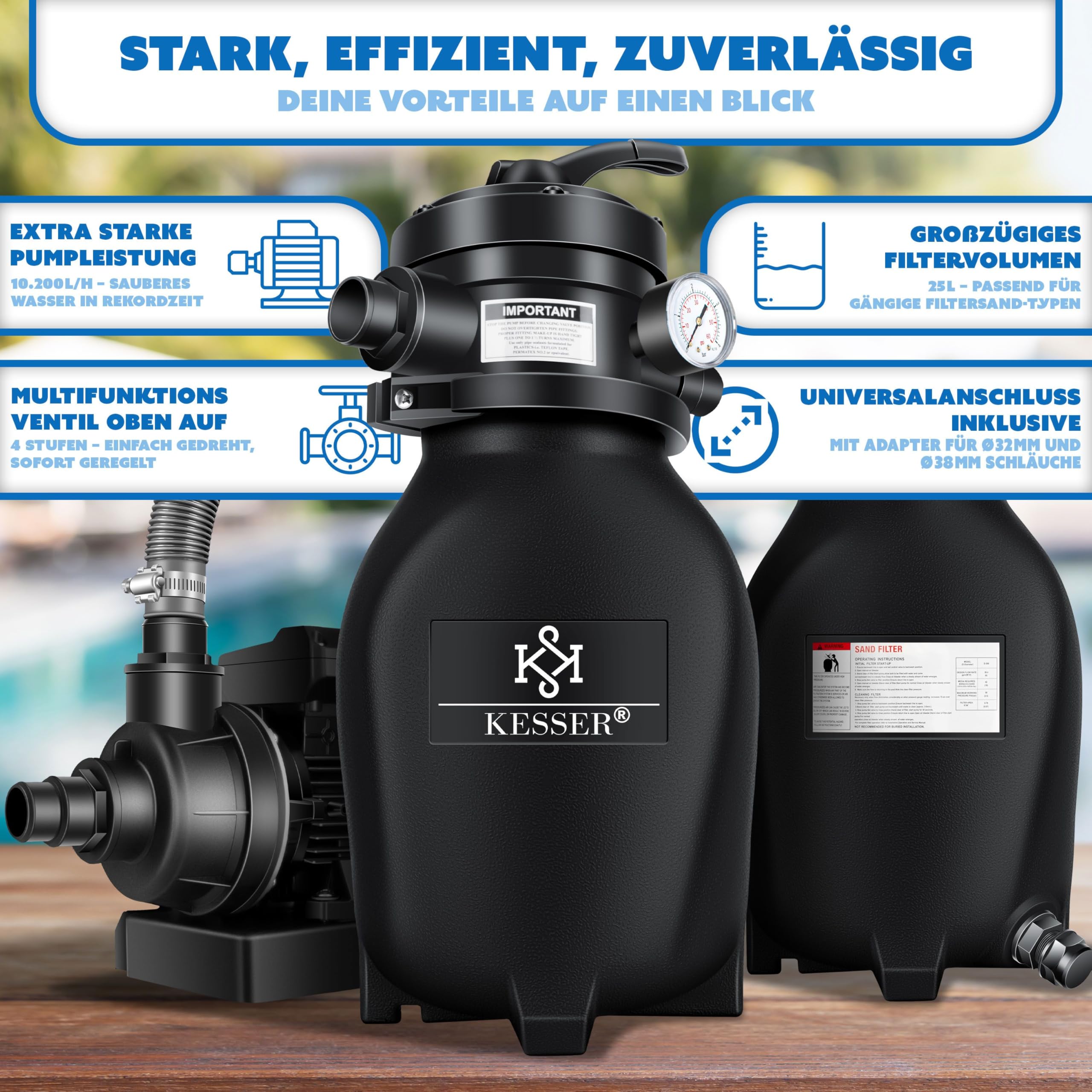 KESSER® Filtro a Sabbia - Sistema di filtraggio a Sabbia + 700 g di Sfere filtranti sostituiscono 25 kg di Sabbia filtrante per Piscine - Filtro per Piscine 10 mġ/h - Sistema filtrante