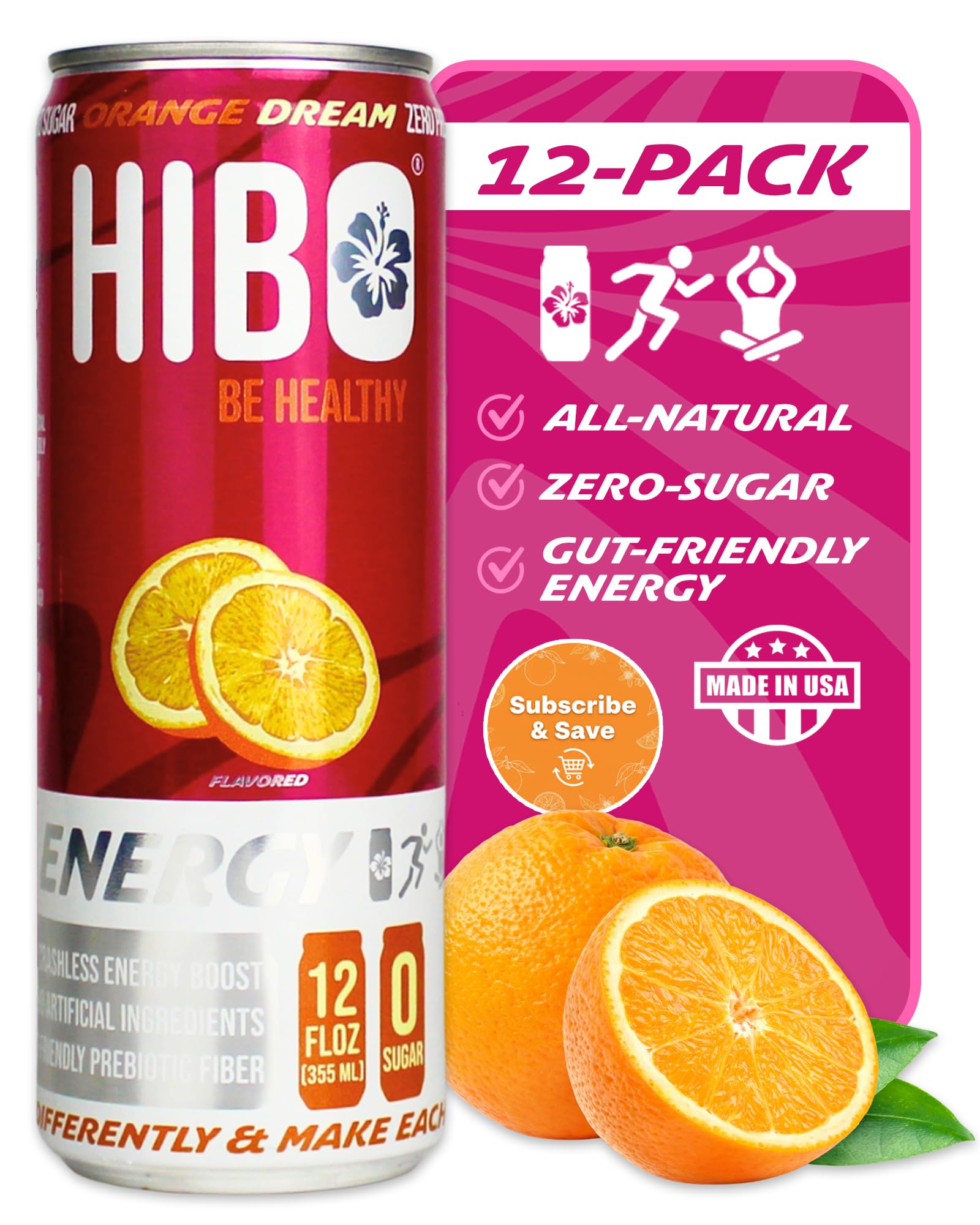 HIBO Healthy Energy Drinks Sugar Free – Gluten-Free & Gut-Friendly Prebiotic Fiber w/ 140mg Caffeine & 60mg Green Coffee Extract, Electrolytes –
