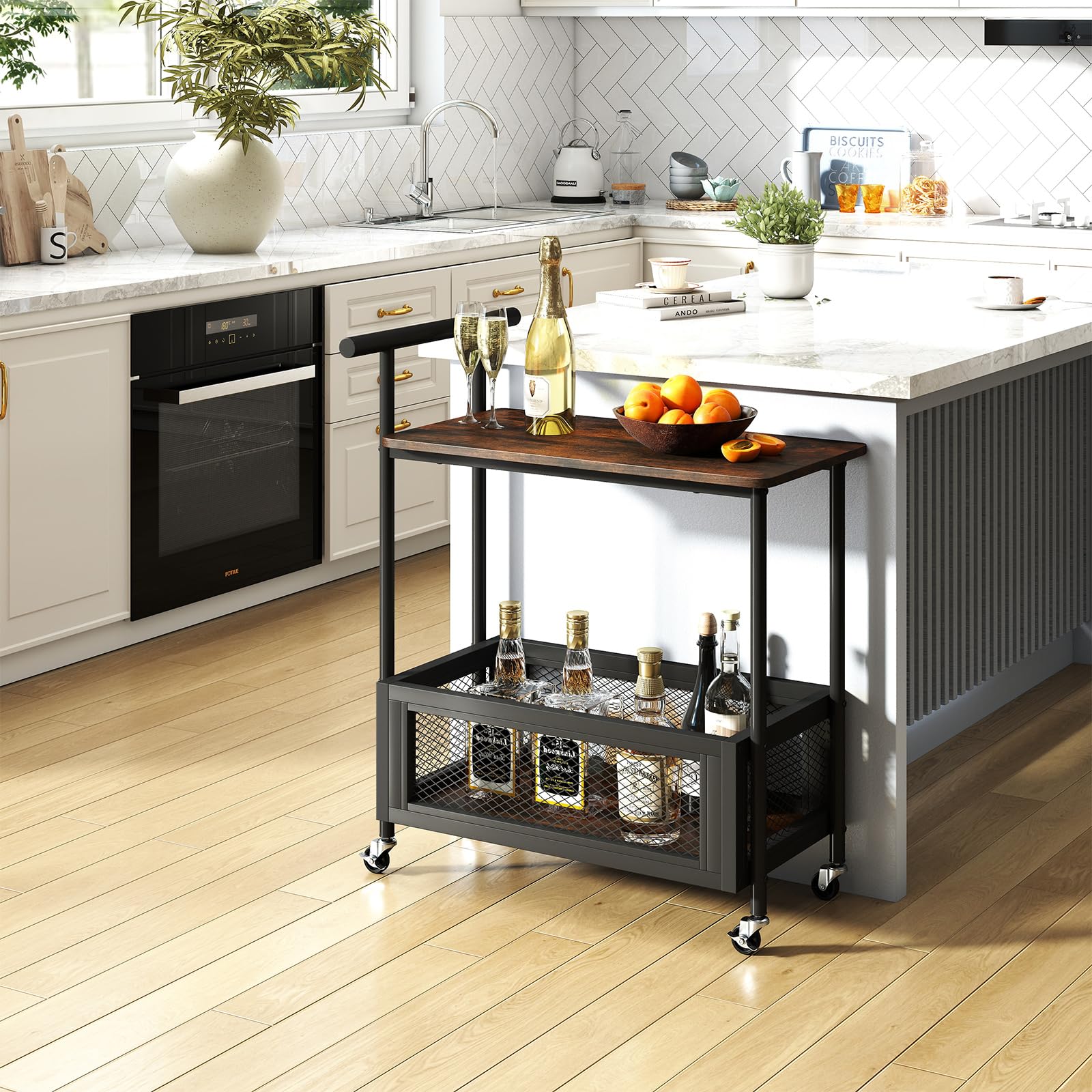 Giantex Mesa Auxiliar con Ruedas, Carrito Móvil con Estante y Cesta de Almacenamiento, Carro de Servicio con Asa, 60 x 40 x 72 cm, Mueble Auxiliar para Cocina, Comedor, Salón, Bar