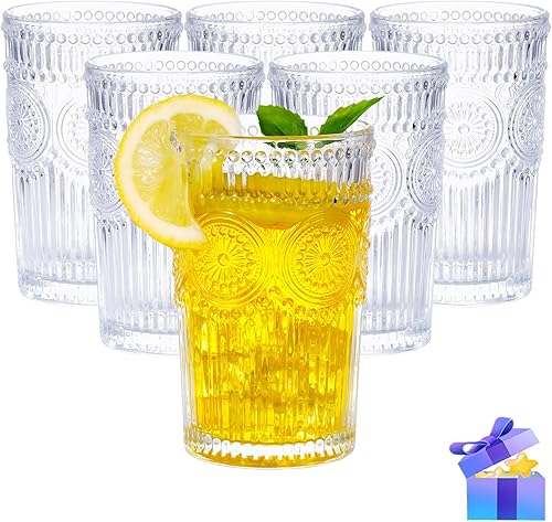 Vasos románticos vintage de cristalería Juego de 6 vasos de cóctel de 12 onzas, vasos de agua en relieve, perfectos para café, cócteles y bebidas,