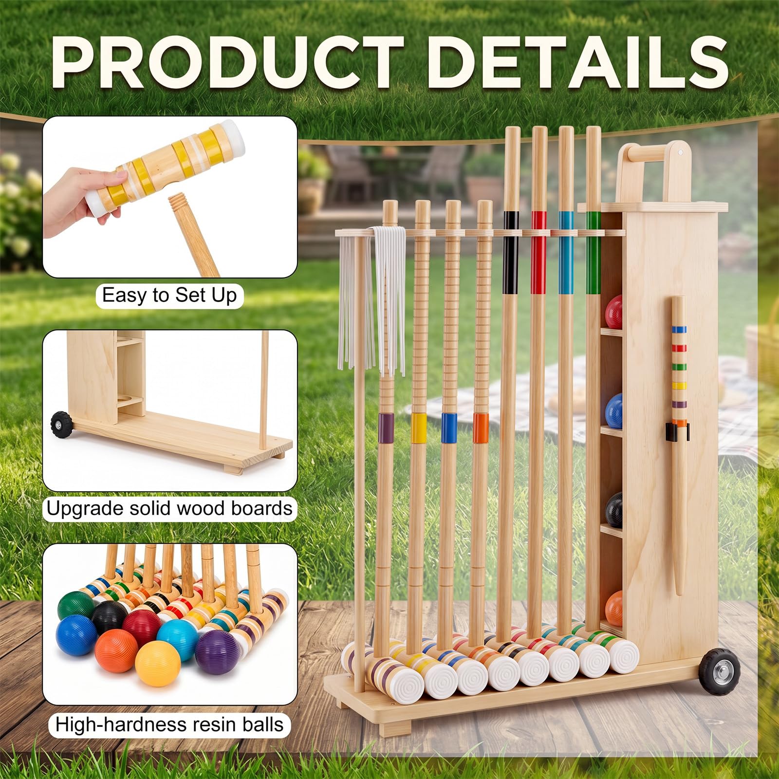 Hiboom Juego de croquet para 8 jugadores para adultos con soporte de madera