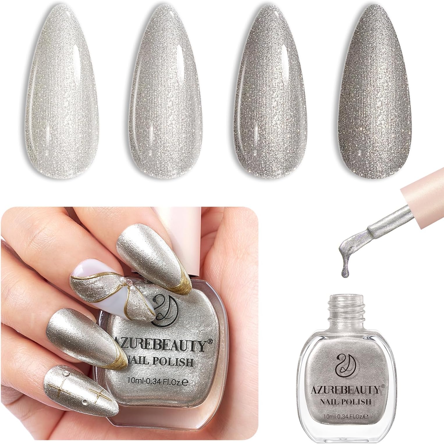 Silver Glitter Nail Polish Metallic Fast Drying Natural Shine Nail Lacquer Fingernail Polish Salon-Quality for Women 10ml