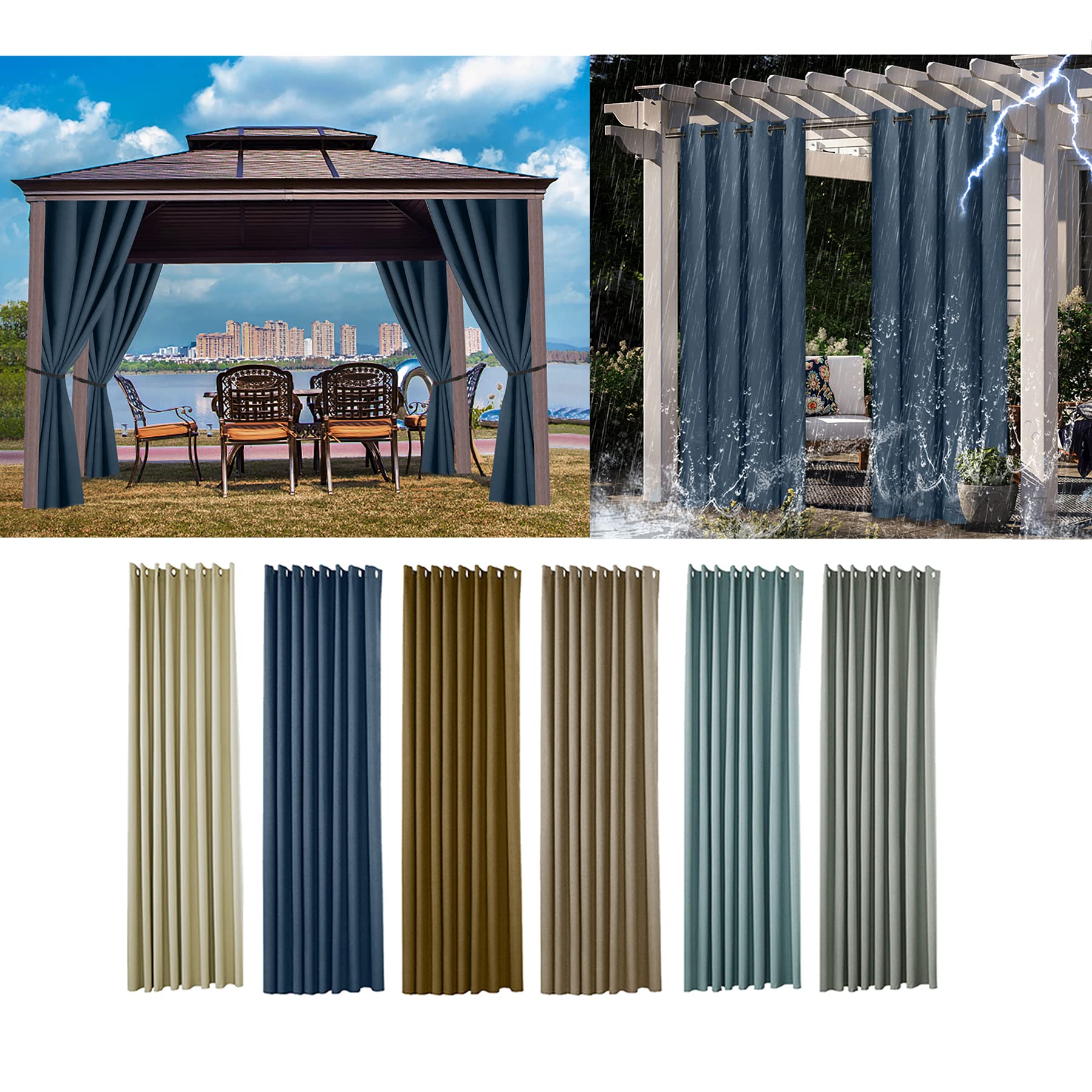 Amcerd Outdoor Curtain Weatherproof, Opaque with Eyelets Top and Bottom Waterproof Outdoor Curtain 1 Piece for Garden Gazebo Patio Porch Balcony