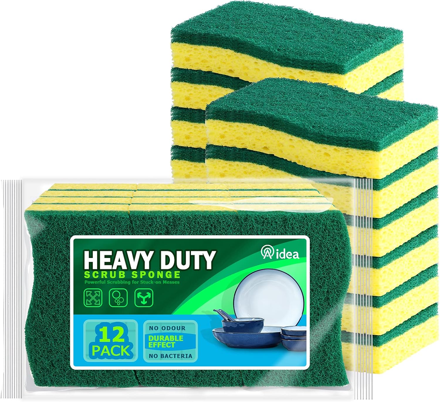 AIDEA Heavy Duty Scrub Sponge-12 Count, Heavy Duty Cellulose Sponge, Cleans Fast Without Scratching, Cleaning Power for Everyday Jobs for Dishes, Pots, Pans: Kitchen & Dining