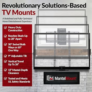 MantelMount - MM700 Premier Fireplace TV Mount Pull Down Bracket for 50-90 & 25-115 lb Televisions Above Mantel with Sound Bar Attachment, Paintable Covers & Safety Pull Down Handles