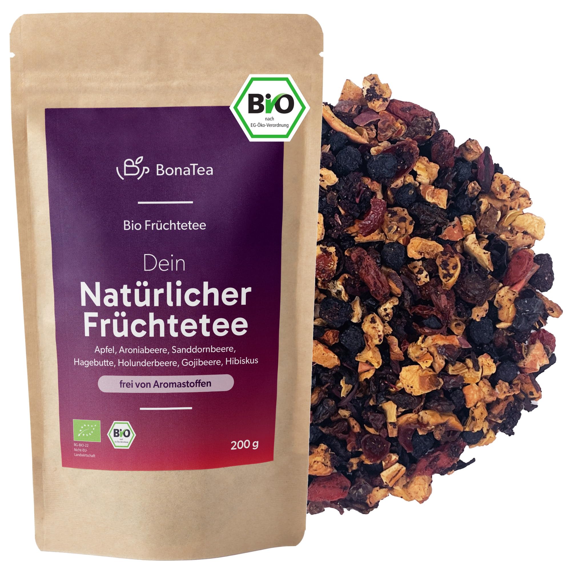 BIO Natürlicher Früchtetee lose ohne Aromastoffe, Mild und Natürlich mit Sanddornbeeren, Holunderbeeren und Aroniabeeren, 200g