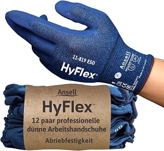 Ansell HyFlex 11-819 Dünne Arbeitshandschuhe, Rutschfeste Nitril-Beschichtung, Schutzhandschuhe vor Elektrostatischen Entladungen, Antistatisch, TouchScreen, Blau, Größe M (12 Paar)