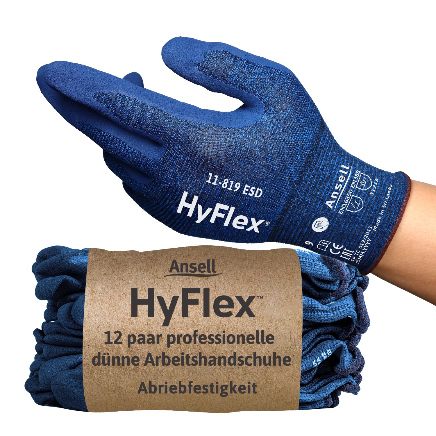 Ansell HyFlex 11-819 Dünne Arbeitshandschuhe, Rutschfeste Nitril-Beschichtung, Schutzhandschuhe vor Elektrostatischen Entladungen, Antistatisch, TouchScreen, Blau, Größe L (12 Paar)