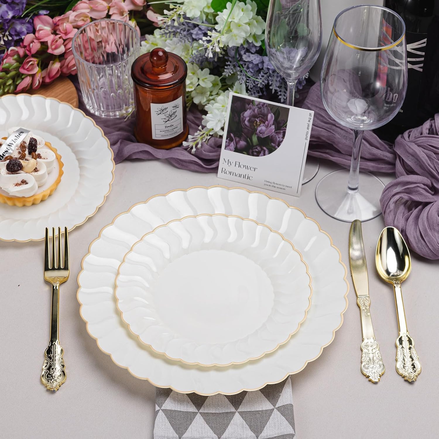 80pcs Ivory Thanksgiving Plastic Plates With Gold Rim, 10in Dinner Plate and 7in Dessert Plate Disposable Elegant Scalloped Plates for Party, Wedding - Image 7