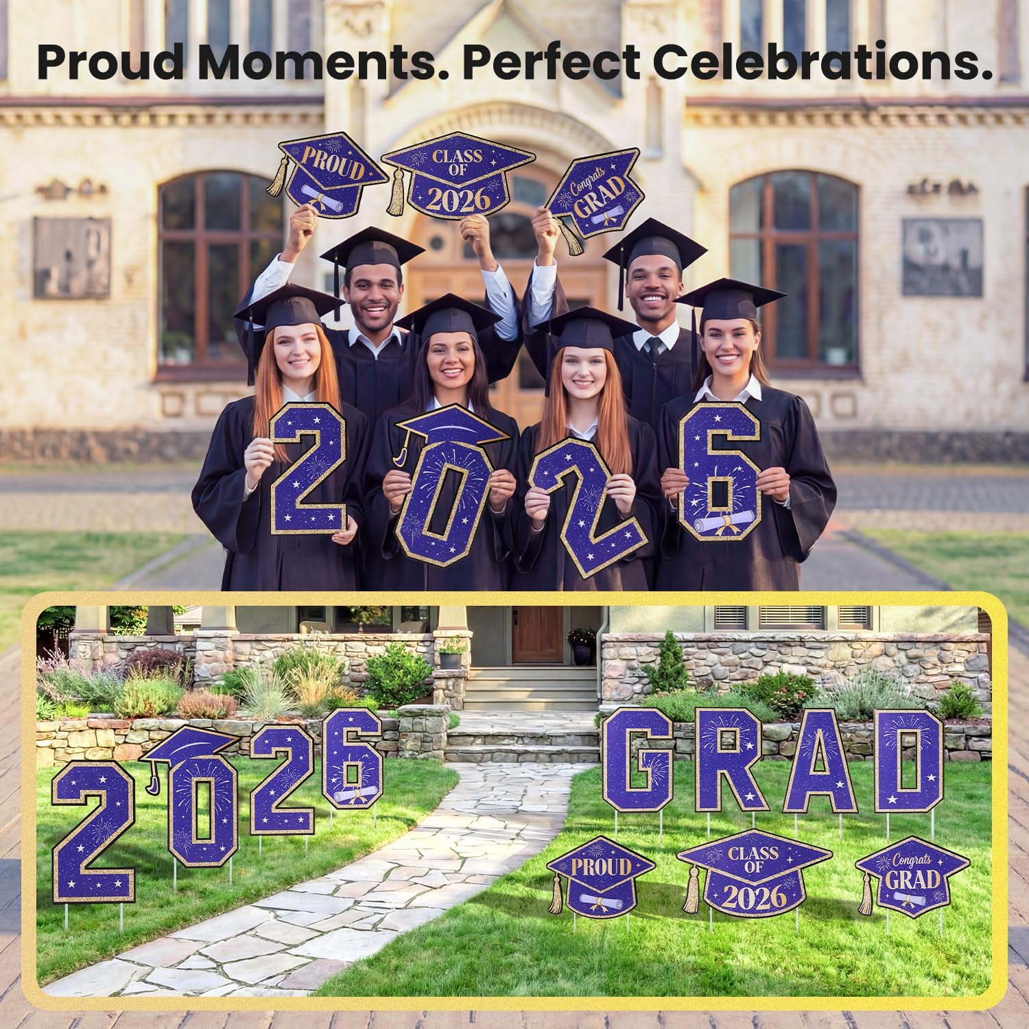 2026 Graduation Yard Signs, 15 PCS Blue and Gold Congrats GRAD Lawn Signs with Stakes, Class of 2026 Outdoor Yard Decorations for High School & College Graduation Party