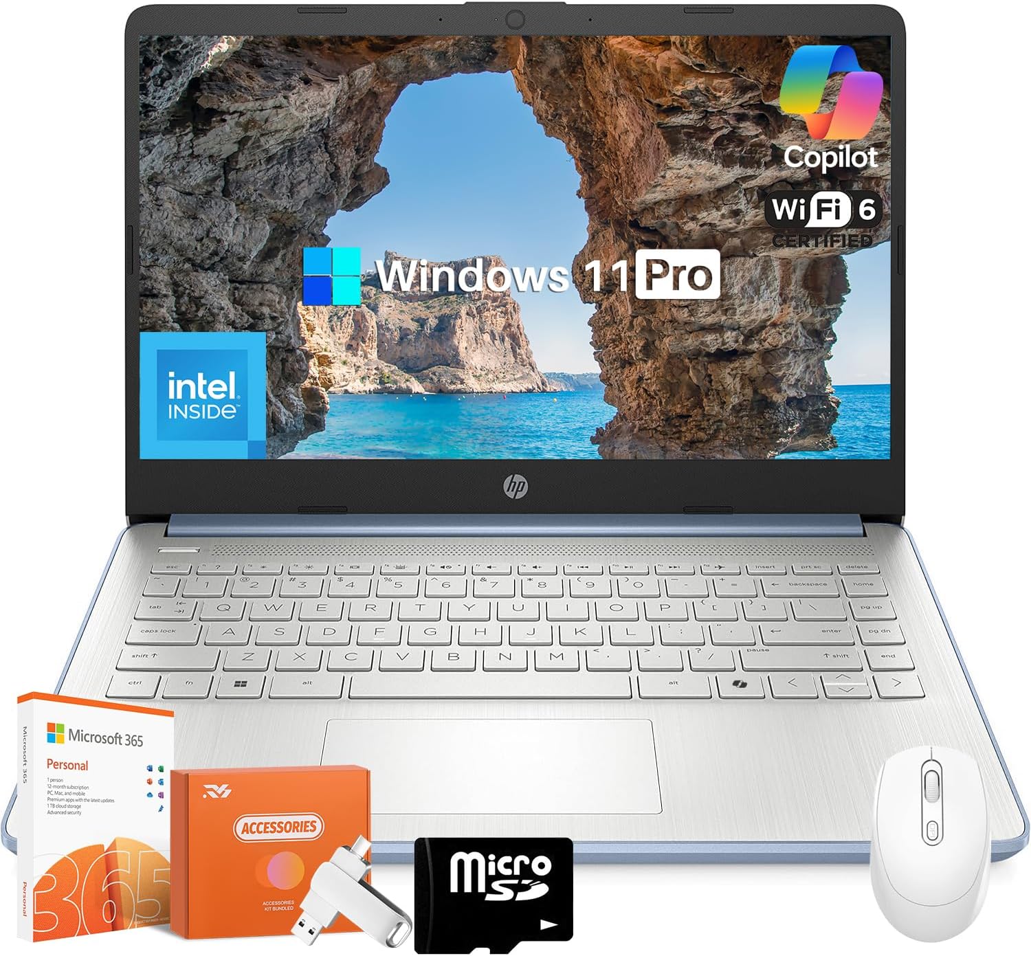 HP 2025 Student Business 14 Inch Laptop, Intel N150 CPU(Beats N4120), 14 Inch LED, 16GB RAM, 128GB UFS+256GB MSD+128GB USB, Wi-Fi 6, Copilot AI, 1 Year Microsoft 365, Windows 11 Pro, USB HUB, Mouse