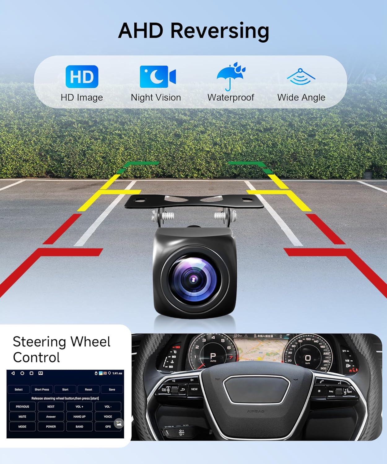 AHD Reversing Camera view and Steering Wheel Control interface