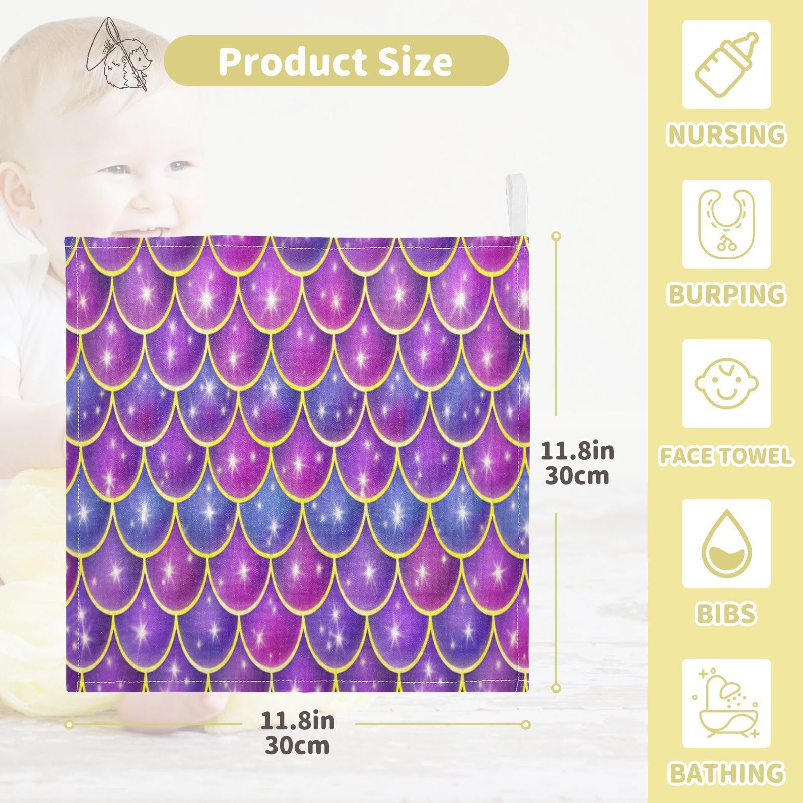 Nander 3Pack Baby Muslin Washcloths,Beautiful Colorful Mermaid Scales Soft Face Cloths for Newborn, Absorbent Bath Wash Cloths, Wipes, Burp Rag,Toddlers Essentials Stuff, Baby Registry as Shower