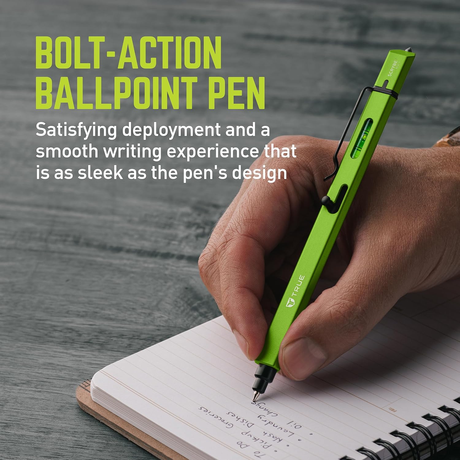 TRUE SCRYBE BOLT Multitool Pen | 8-in-1 Multitool with Ballpoint Pen, Bubble Level, 2 Micro Screwdrivers, Glass Breaker, Scribe, Box Opener, Adjustable Clip - Gray