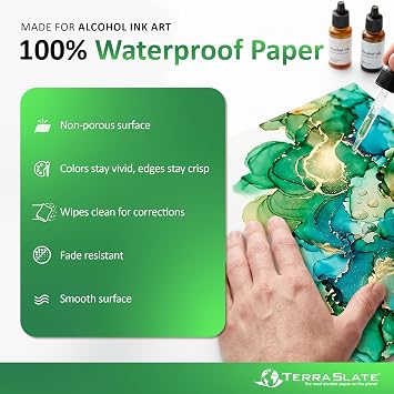 TerraSlate Paper | 10 Mil 8.5 x 11 Alcohol Ink Paper | Waterproof & Non-Porous Alcohol Ink Drawing Paper | Wipeable Alcohol Ink Craft Paper | Bright White Paper for Vibrant Colors, 25 Sheets